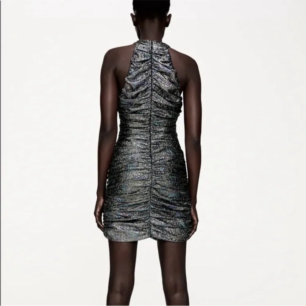 Zara Black Rainbow Metallic Cross Neck Halter Ruched Mini Dress XS